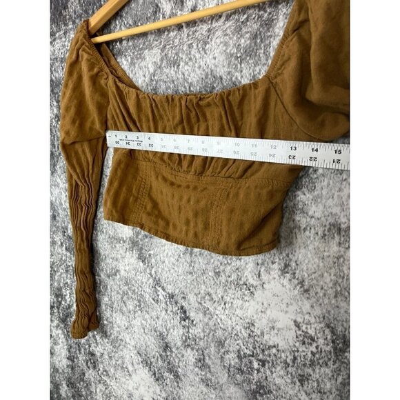 Wild Fable Rust Brown Cropped Ruched Smocked puff Sleeve Top Blouse Womens Small - Picture 7 of 12